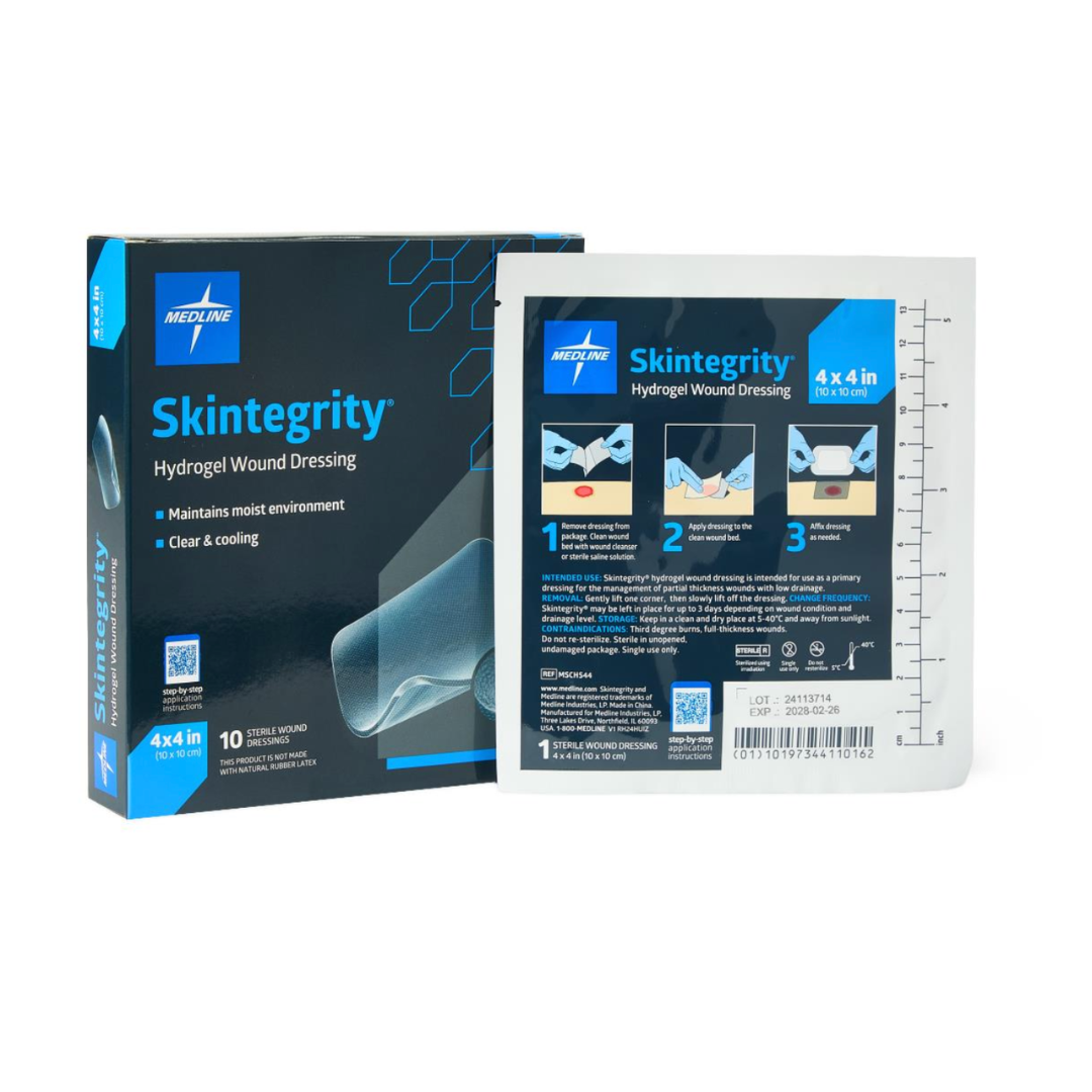 A box and a packet of Medline Skintegrity Hydrogel Wound Dressings, 4" x 4", are shown. The packaging notes its role in wound care, maintaining moisture, and providing a cooling sensation.